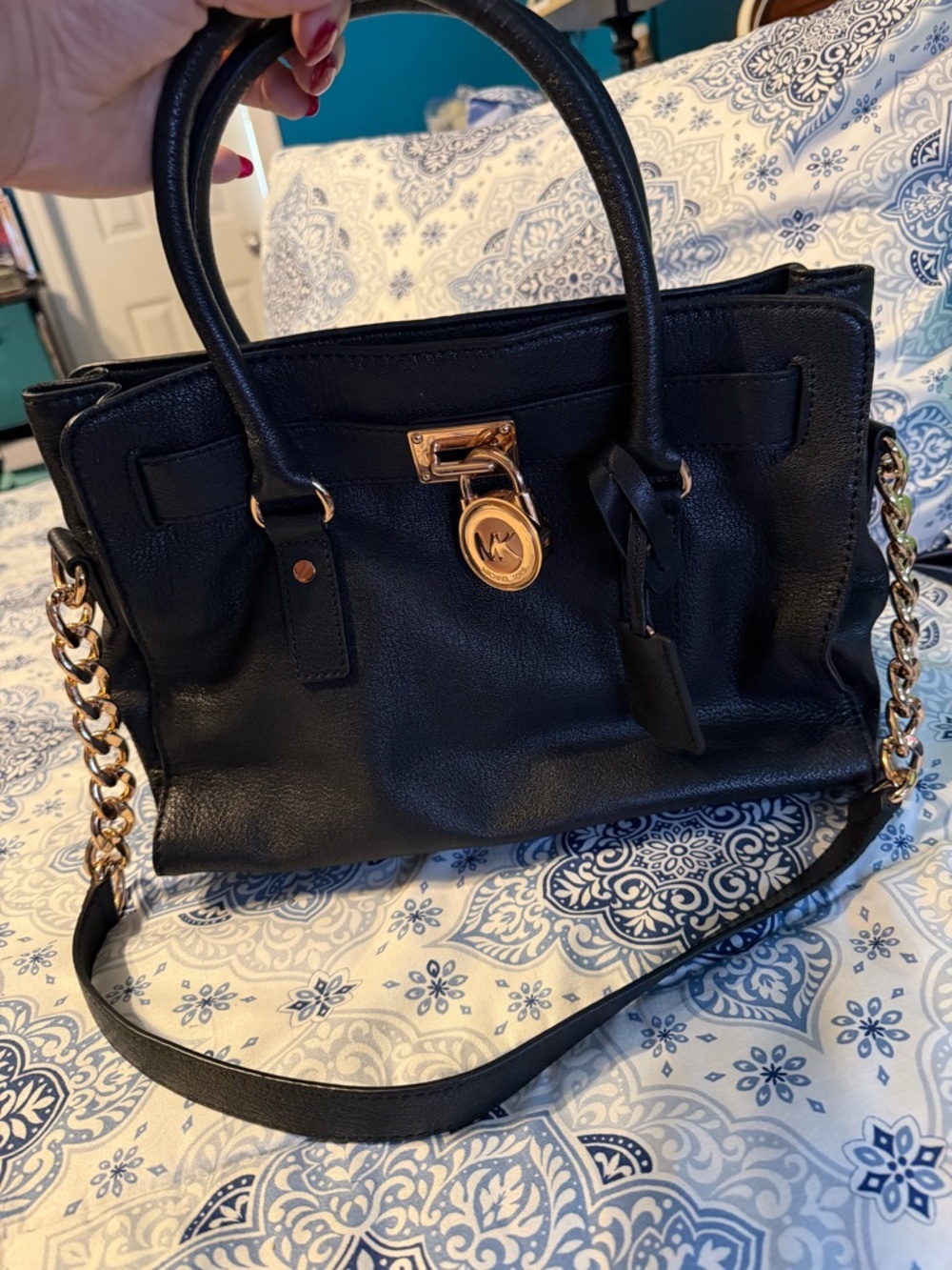 Michael Kors Black Leather Satchel with Gold-Tone Chain Strap